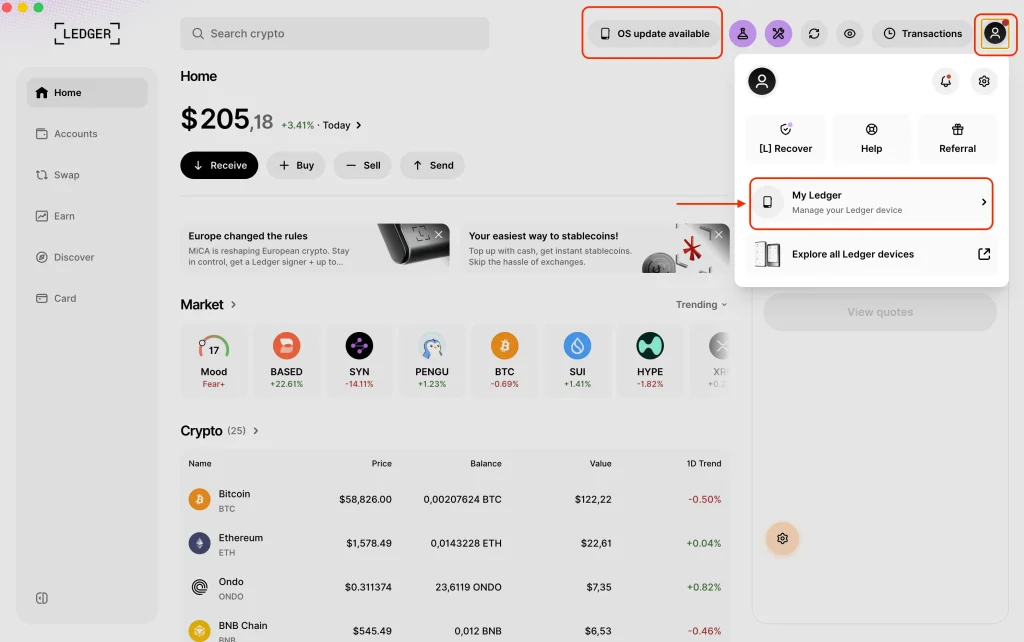 راهنمای آپدیت فریمور کیف پول لجر نانو ایکس 14 وارد بخش My Ledger شوید